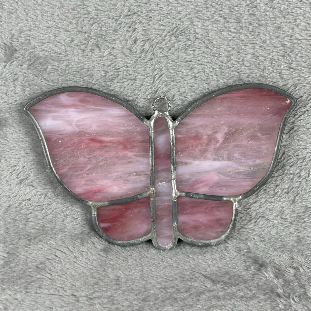 VTG Handcrafted Stained Glass Butterfly Pink Translucent Glass Suncatcher *Read*